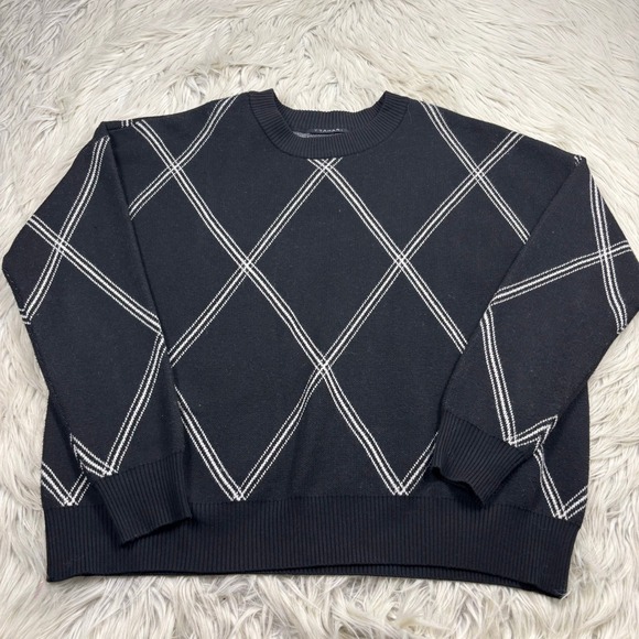 Tahari Sweaters - Tahari Women's S Black White Argyle Plaid Crew Boxy Sweater Preppy Heritage